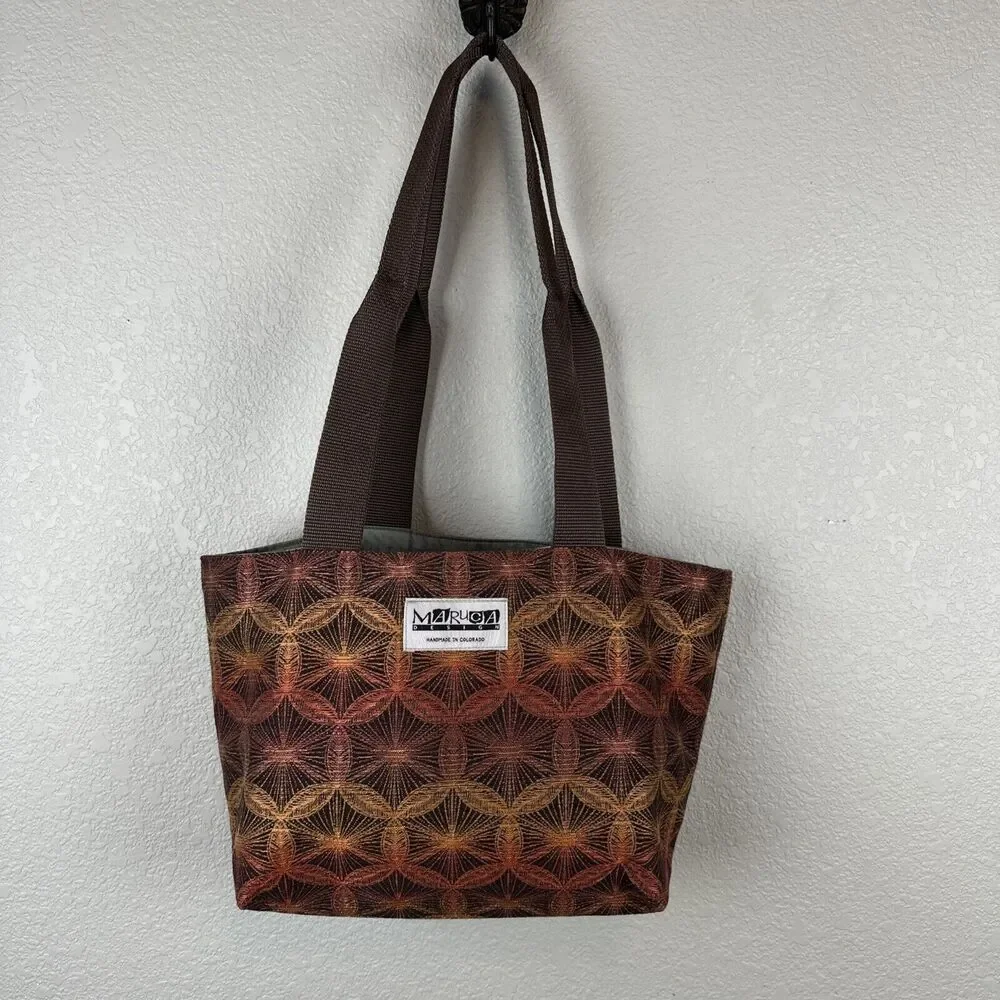 Maruca Treasure Tote Shoulder Bag Purse Open Top Recycled Fabric Brown Medallion